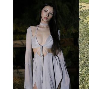 Echo off white asymmetrical mesh wrap dress